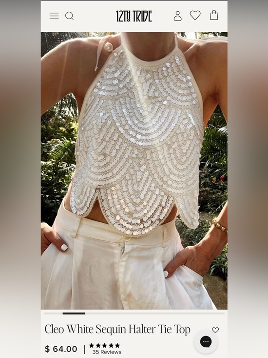 12th Tribe Tops - 12th Tribe Beaded and Sequined Cleo White Sequin Halter Tie Top